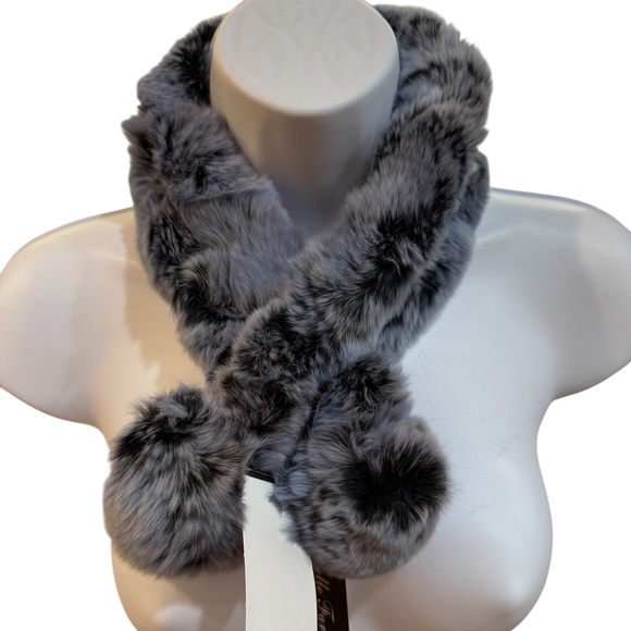 Belle Fare Accessories - Belle Fare Real Rabbit Fur Neck Scarf with Pom Poms-SLATE BLUE/GREYISH/BLACK